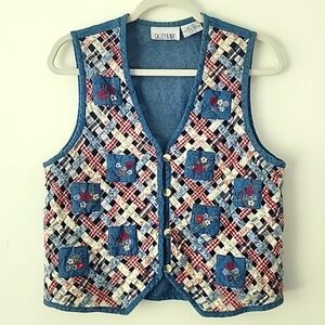 Casey & Max Grannycore Denim Floral Patchwork Woven Front Button Vest M (A1)